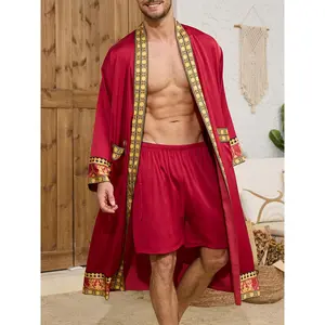 A Men'S Robe (Excluding Shorts) with Colorful Stitching Design, Featuring Cuffs, Hem, And Pockets, Court Luxury for Holiday Parties, Comfortable Long-Sleeve Robe.