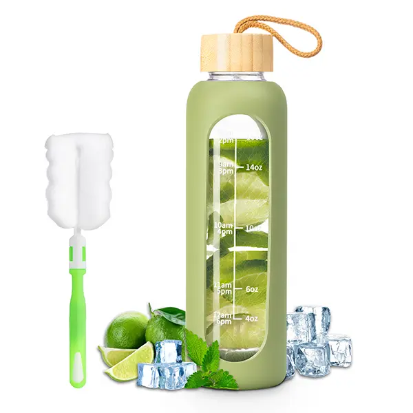 Green 18 oz Glass Water Bottle - Reusable Anti-Leak Drinkware with Time Markings, Silicone Sleeve, Suitable for Office, Gym (Kitchenware), Reusable Water Bottles, Glass Water Bottles