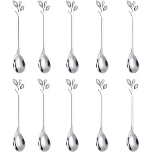 Elegant  Leaf Coffee Spoons - 10-, 4.7" Mini Stainless Steel Espresso & Dessert  Spoons,  for Demitasse & Small Servings