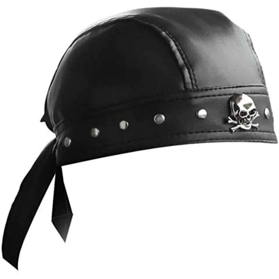 Black Faux Leather Biker Durag Skull Cap - Studded Pirate Skull & Crossbones, Edgy Gothic Halloween Motif Hats, Helmet Liner for Men, Motorcycle Riding, Punk Cosplay, 1 Size Fits All, Black Skull Caps