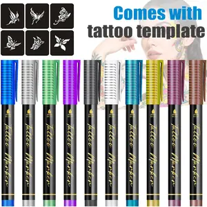 Washable Tattoo Marker Pens 10PCS - Single Tip Body Art Drawing Kit, Safe Non-Toxic Temporary Tattoos for Kids Teens and Adults, Face Body Painting for Parties Festivals (Multicolor) Christmas Makeup