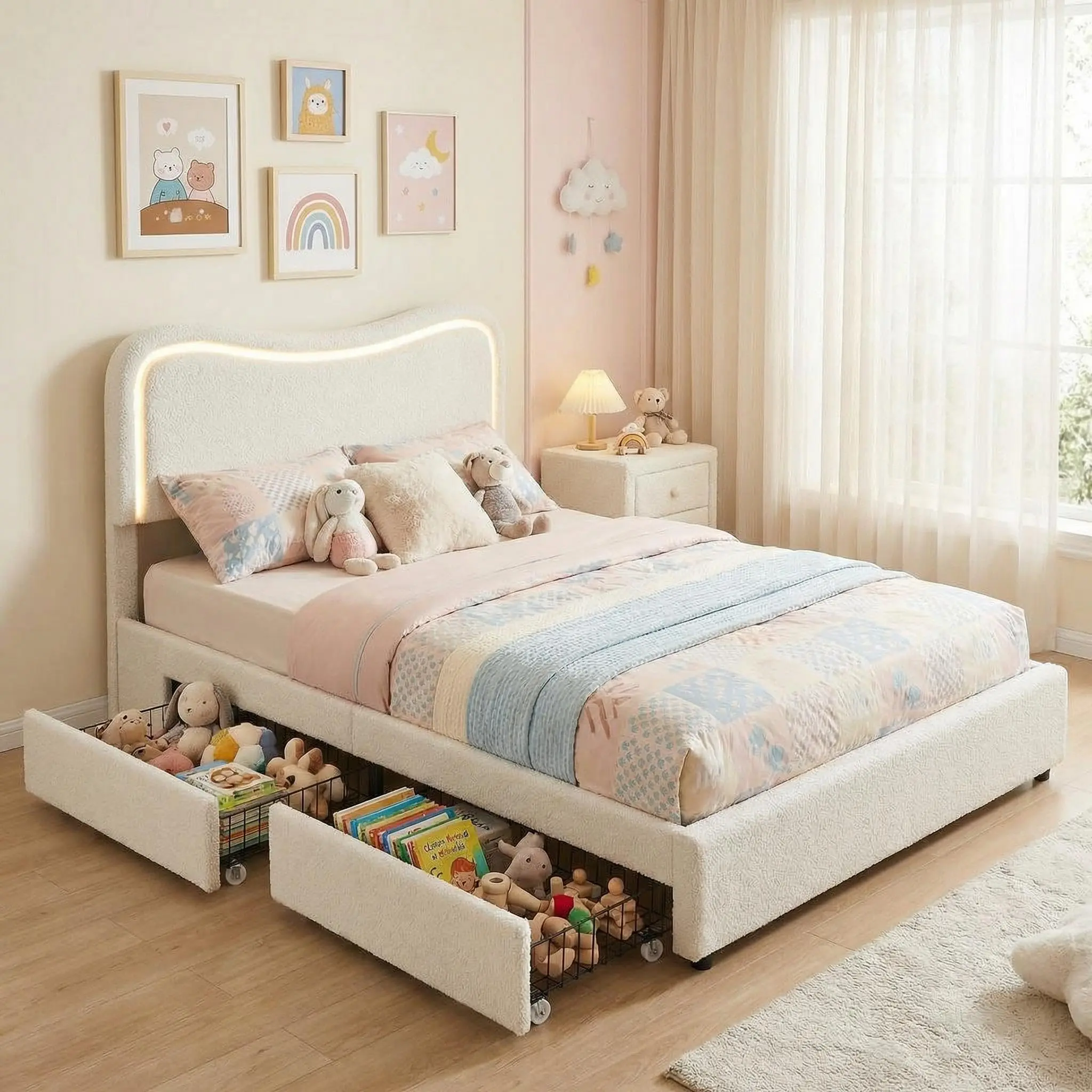 Boucle Upholstered Platform Bed Frame with LED Headboard & Storage Drawers – Sturdy Wood Slats, Noise-Free, No Box Spring Needed, Modern Kids & Teens Bedroom,dorm essentials,home decor
