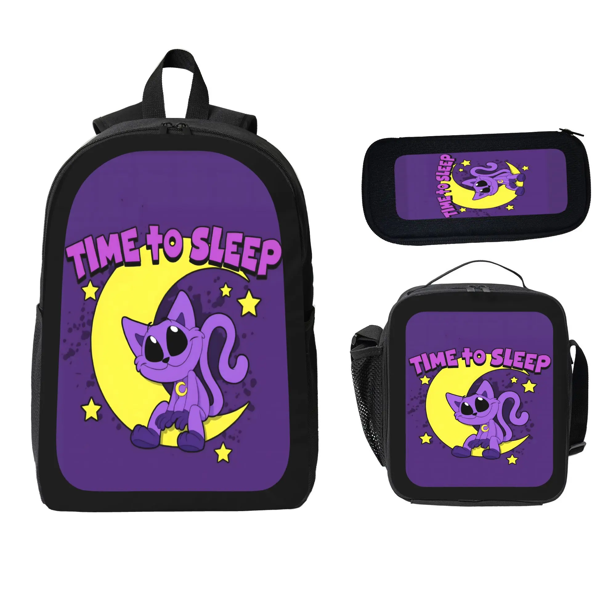 3Pcs School Aesthetic Cat Nap Cartoon Print Backpack Set, Including Insulated Lunch Bag & Pencil Case for Teens