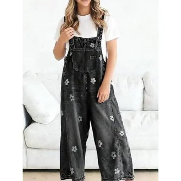 Women's Floral Printed Adjustable Strap Vintage Crop Denim Bib Overalls - Lightweight Wide Leg Dressy Baggy Jumpsuit for Casual Everyday Wear