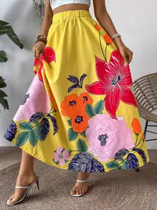 Women’s Floral Print Midi Skirt with An Elastic Waistband, Bohemian-Style Casual Comfortable Bottom for Summer, Suitable for Everyday Wear, Holidays, Vacations, and Dates