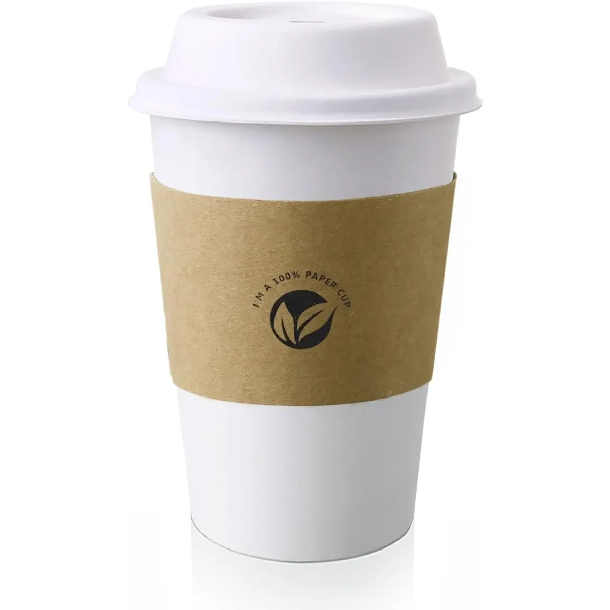 [50 Pack] 16 oz Compostable Bagasse & Bamboo Fiber Disposable White Paper Cups with Lids, Kraft Sleeves, EN13432 Cert., Eco-Friendly Heat-Resistant Leak-Proof Kitchenware Drinkware for Hot Drinks, Bagasse Fiber