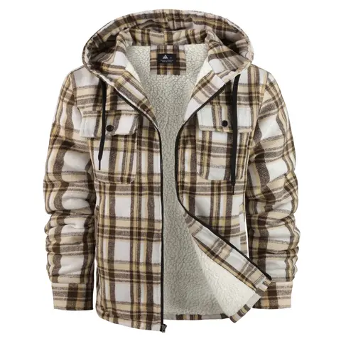 ZITY Men's Checked Long Sleeve Fitted Fleece Shirt Jacket - Wool Sherpa Lined Zip-Up Hoodie with Pockets, Mens Clothing for Winter Work & Breezy Outings, Classic Casual Layering Top