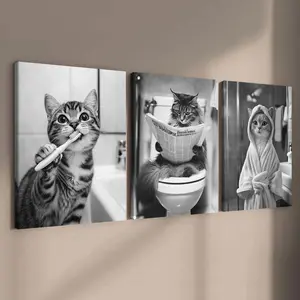 Cat Daily Humor Pattern Wooden Framed Canvas Painting, 3 Counts/set Modern Wall Art Poster, Wall Art Decor for Home Living Room Bedroom Office, Ornaments