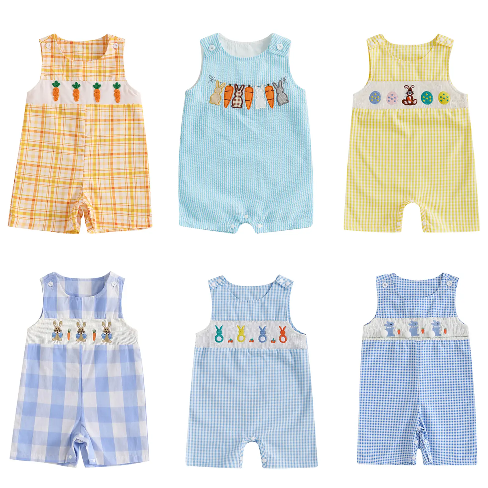 Newborn Baby Boy Girl Easter Romper Shorts Bunny Truck Carrot Embroidery Crew Neck Sleeveless Striped Jumpsuit Spring Infant Overalls Shortalls #Sprin