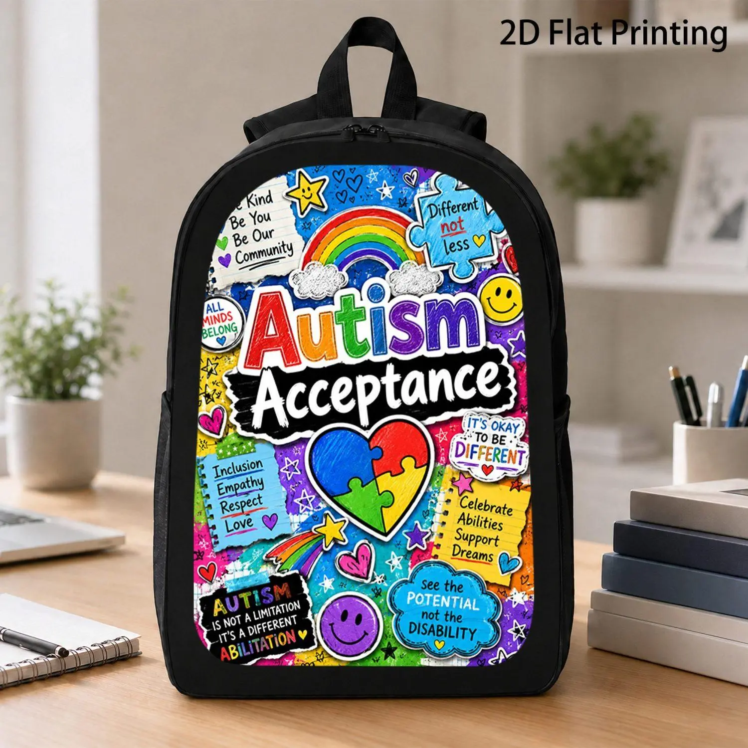 17 Inch Backpack Autism Acceptance Collage Sticker Note Infinity Puzzle Pattern Backpack Popular Autism Awareness Design Backpack for Daily Commute Travel and Outdoor Use