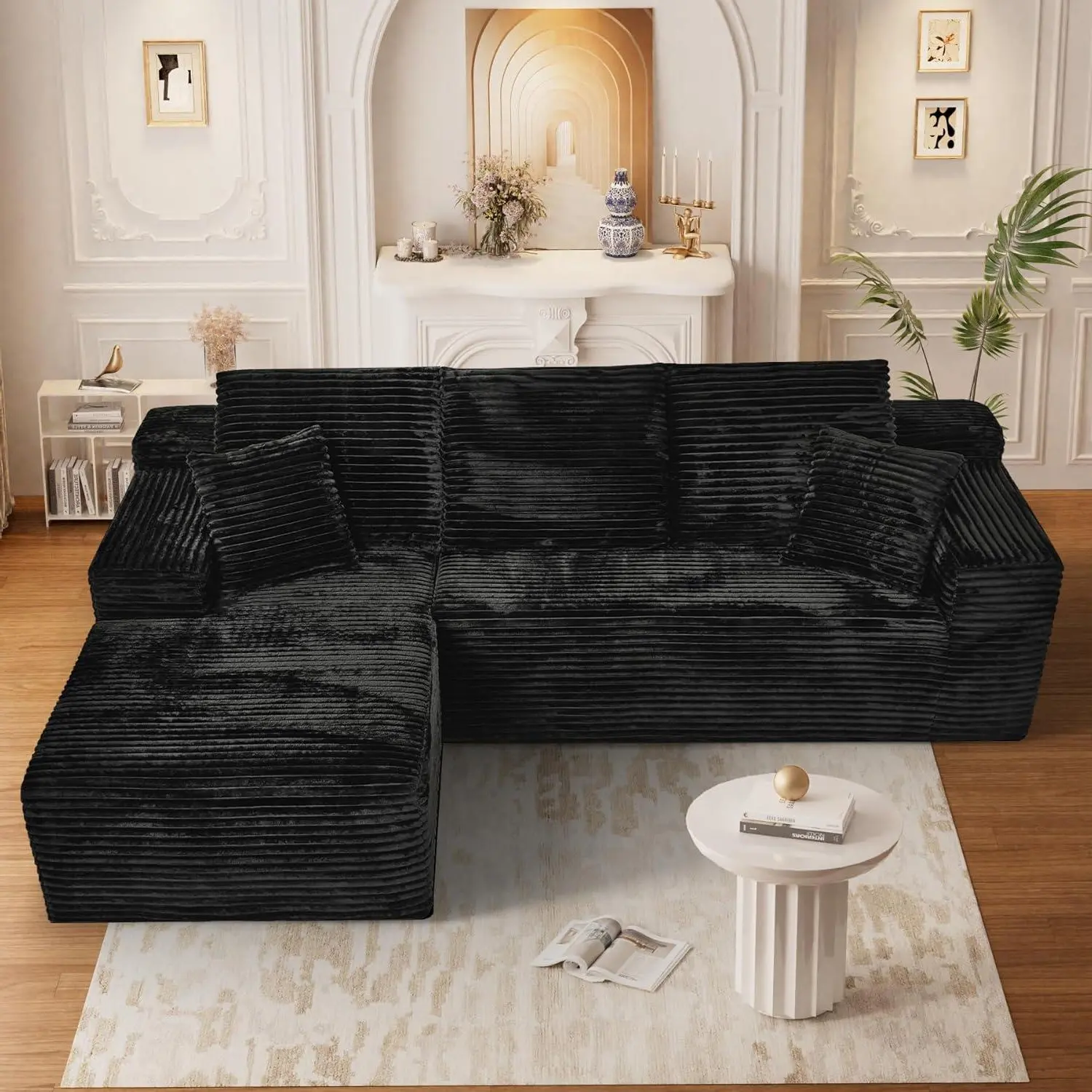 L-Shaped Modular Contemporary Sectional Sofa - Boneless Corduroy Deep Seating Couch with Chaise, No Assembly Required, Upholstered Cloud Sofa for Living Room, 2 Packages Shipping, Deep Seating Sofa