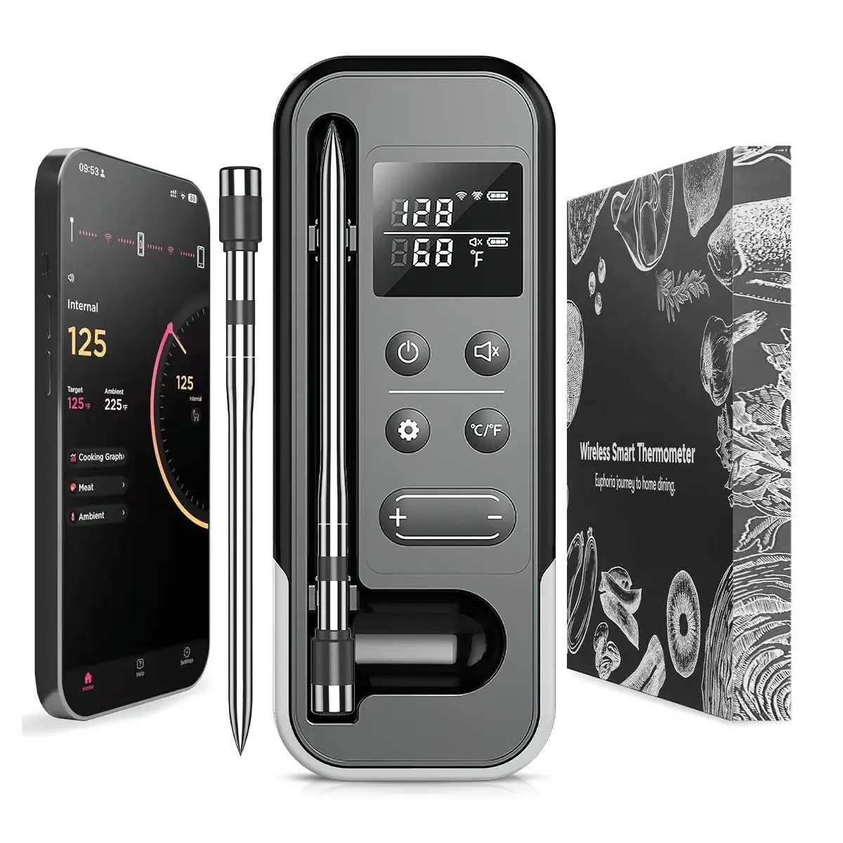 Wireless Meat Thermometer – Digital Cooking Thermometer with Wireless Probe – 800Ft Remote Range Food Thermometer – with iOS & Android Read App -Preprogrammed Temperatures for BBQ, Oven, Grill
