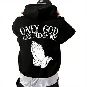 Men's Oversized Hoodie "Only God Can Judge Me" Graphic Sweatshirt with Praying Hands TikTok Viral Streetwear Pullover Casual Long Sleeve Black Menswear Tops
