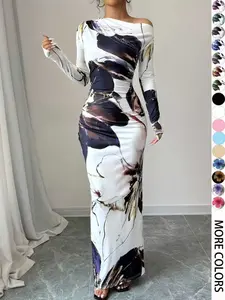 Women's Floral Print Asymmetrical Neck Dress, Elegant Long Sleeve Long Dress for Party Holiday Wedding Guest, Ladies Summer Clothes, Formal Dresses Women