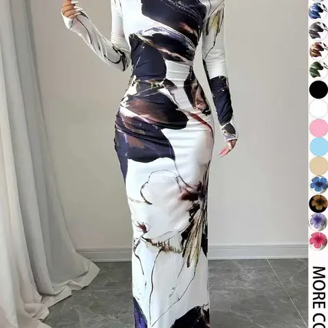 Women's Floral Print Asymmetrical Neckline Dress, Elegant Glam Long-Sleeve Maxi Dress for Parties, Holidays and Wedding Guests, Formal Wear Summer Dress for Women, Dresses For Wedding, Womenswear Gowns