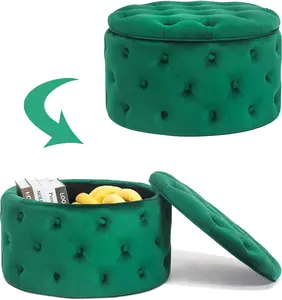 Adeco Modern 24.8 Inch Green Round Storage Ottomans Chair, Button Tufted Upholstered Ottoman Footstool with Storage for Living Room Bedroom