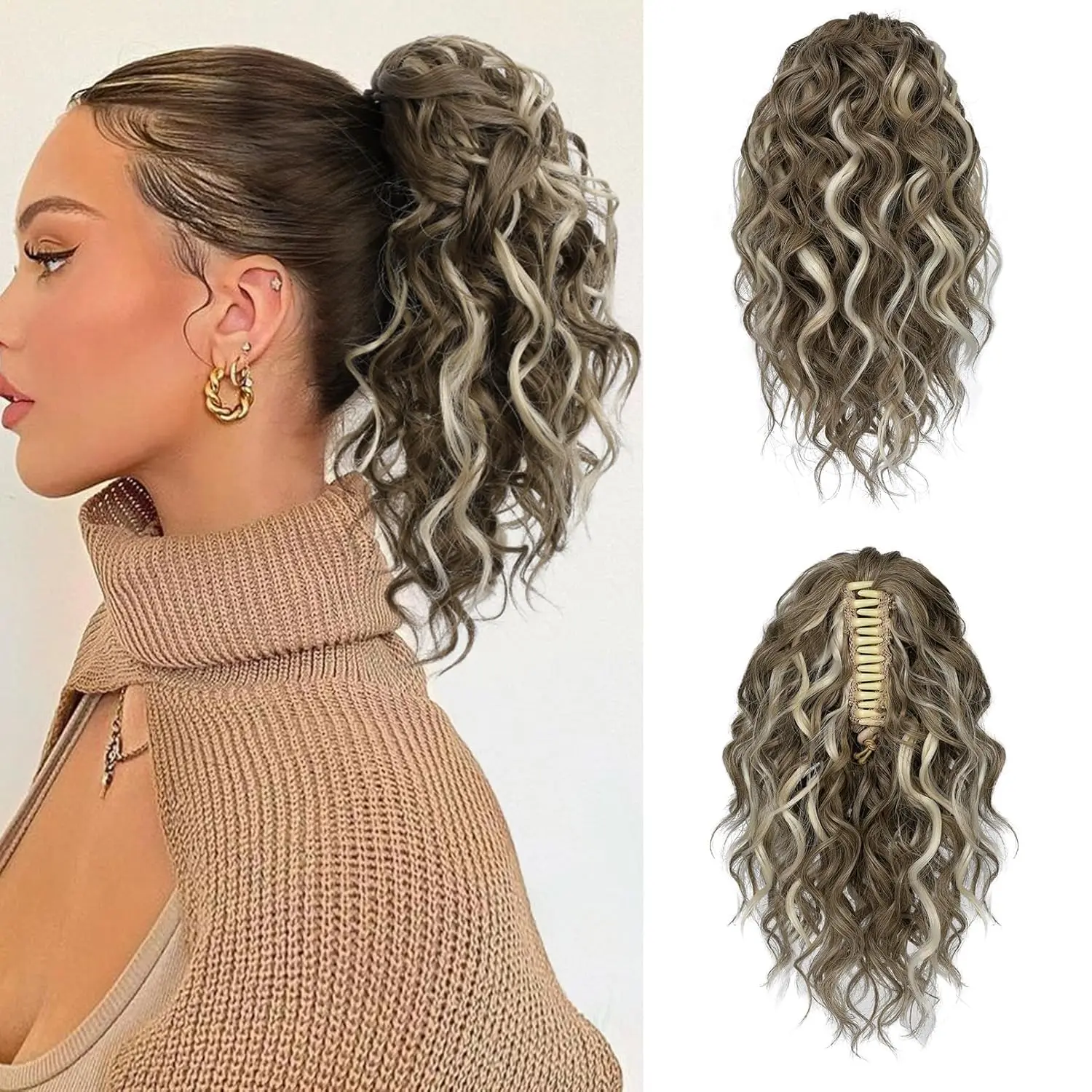 Ponytail Extension, 12" Short Claw Ponytail Extension Wavy Curly Jaw Clip in Pony tails Hair Extension Natural Synthetic Hairpiece for Women (Medium Brown Ash Blonde)