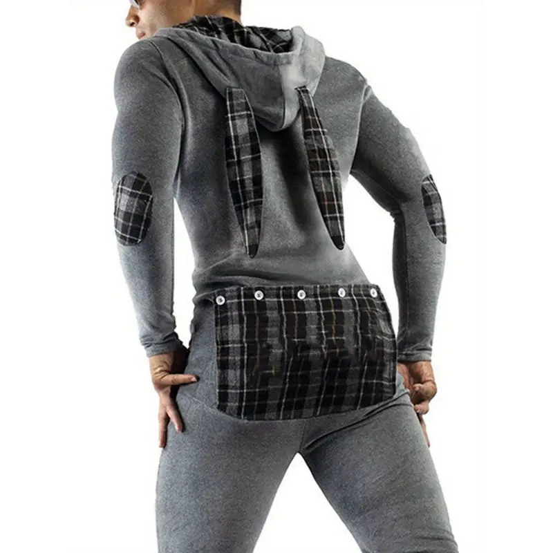 Casual Men Bodysuit, Long Sleeve Rabbit Ears Hooded Button Collar Long Trousers Openable Hip for Autumn Menswear Overalls