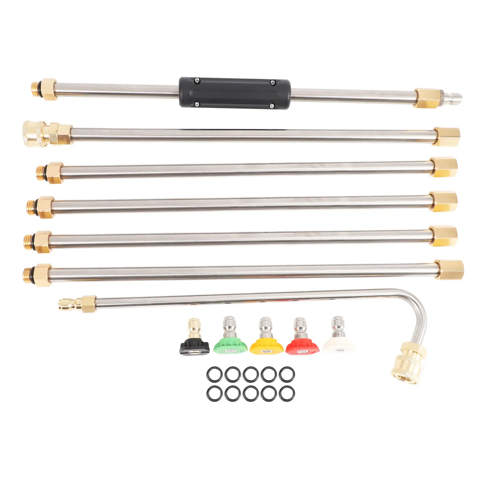 Metal Pressure Washer Gutter Cleaning Tool - 4000 PSI Extension Wands, 1 120 Degree Rod, 6 Straight Rods, Adjustable Nozzle Length, 5 Flashing Nozzle Tips, Replaceable O-Ring Washer (10 Pcs), Roof Cleaner Lance, for Sink, Brick Cleaning