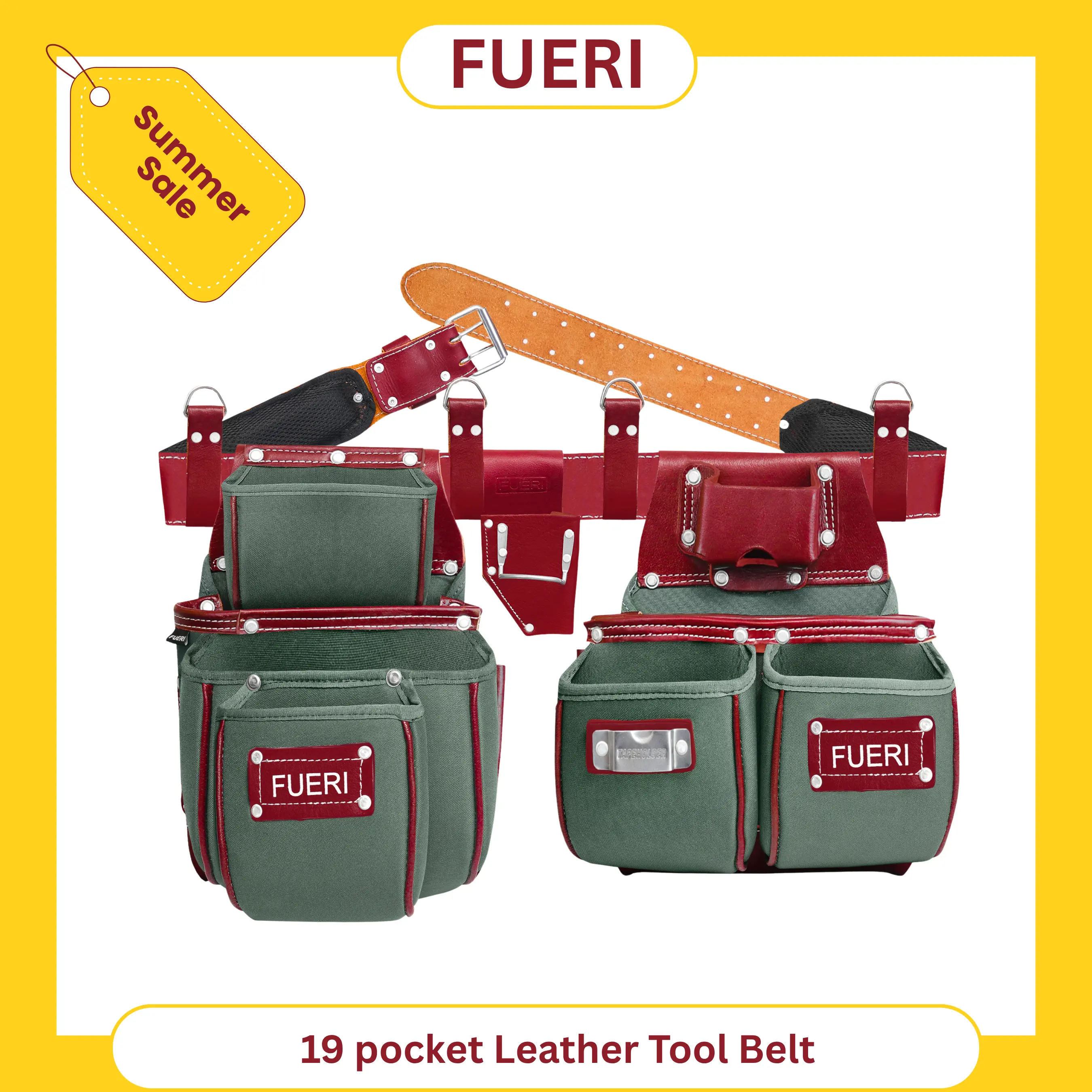 FUERI Premium Leather & Nylon Tool Belt Heavy-Duty Detachable Utility Pouch Set for Carpenter, Electricians & Construction Pros Durable & Organized