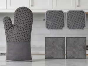 6pcs grey oven mitts & pot holders, high heat resistant to 500°, extra long with non-slip silicone for kitchen use.