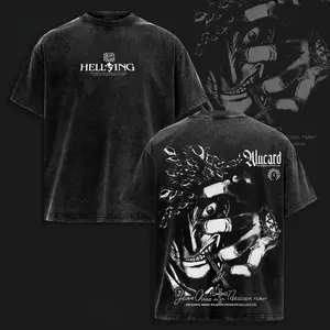 Gothic Hellsing Alucard Anime Graphic Tshirt for Men Washed Black Oversized Short Sleeve Streetwear Casual Tops with Vampire Cross Print for Daily Wear and Street Fashion