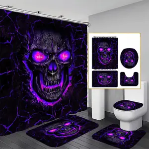 Skull Pattern Bathroom Decorations, 4 Counts/set Including Shower Curtain & Toilet U-shape Mat & Bathroom Mat & Toilet Lid Cover, Bathroom Accessories, Halloween, Bathroom Shower Equipment