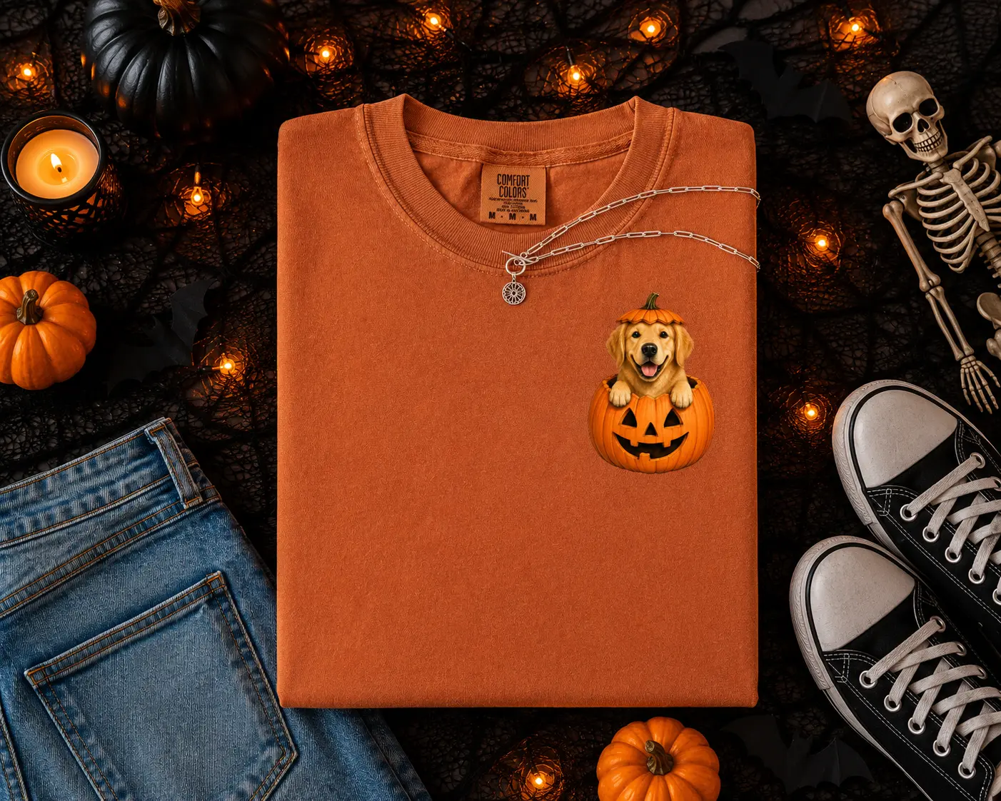 Women's Unisex Casual T-Shirt - Cute Dog Breeds & Pumpkins Halloween Design for Dog Parents - Comfort Colors Tops