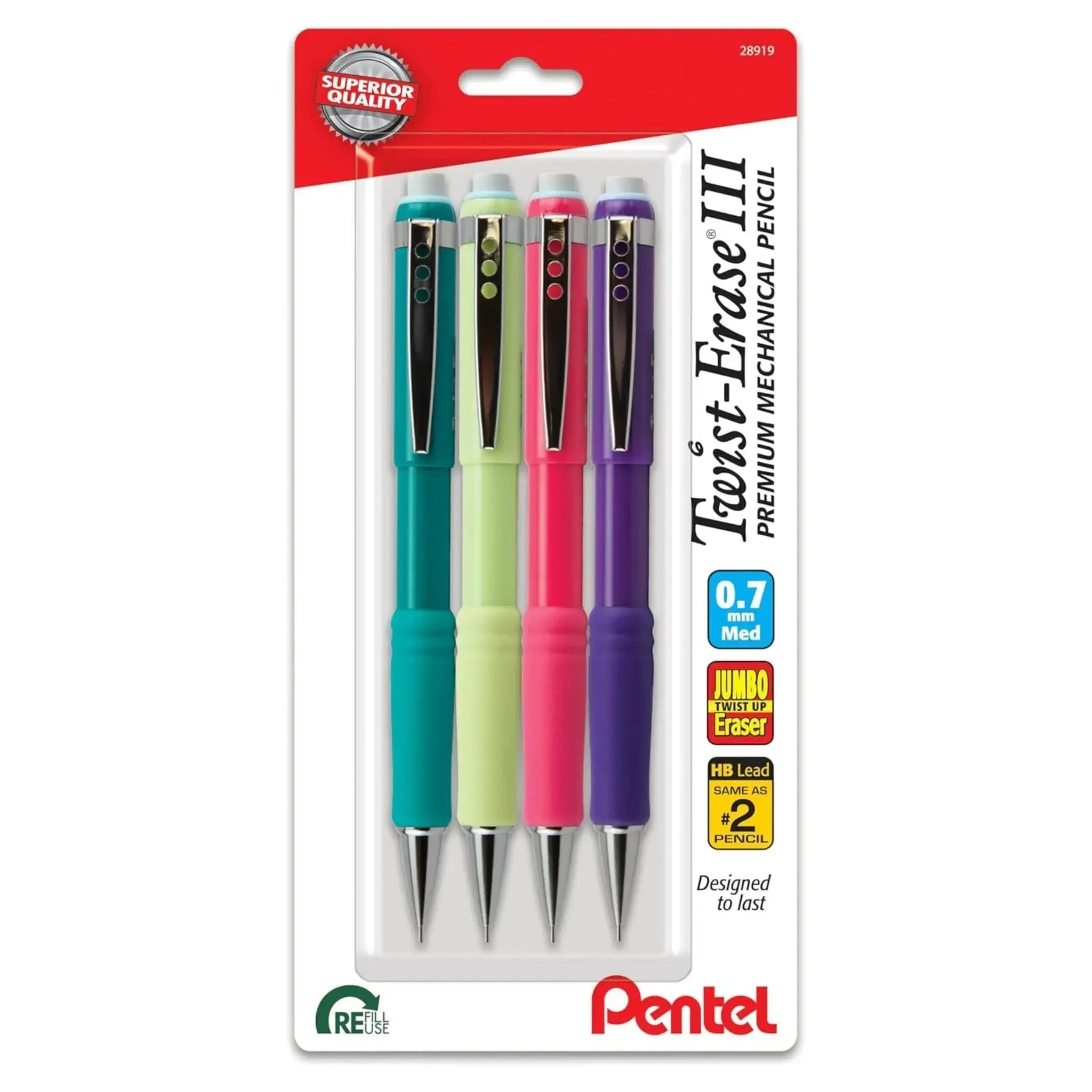 Pentel Twist-Erase 3 Mechanical Pencils Set, 4-Pack Pre-Filled Precision Marking Tools with Eraser, Office Stationery