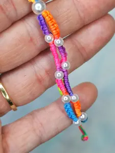 Handmade Macrame Bracelet - Vibrant Rainbow with Silver Pearl Beads