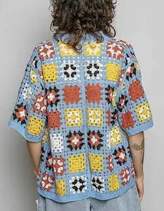 Granny Square Boho Blue Colorful Button Down Short Sleeve Top