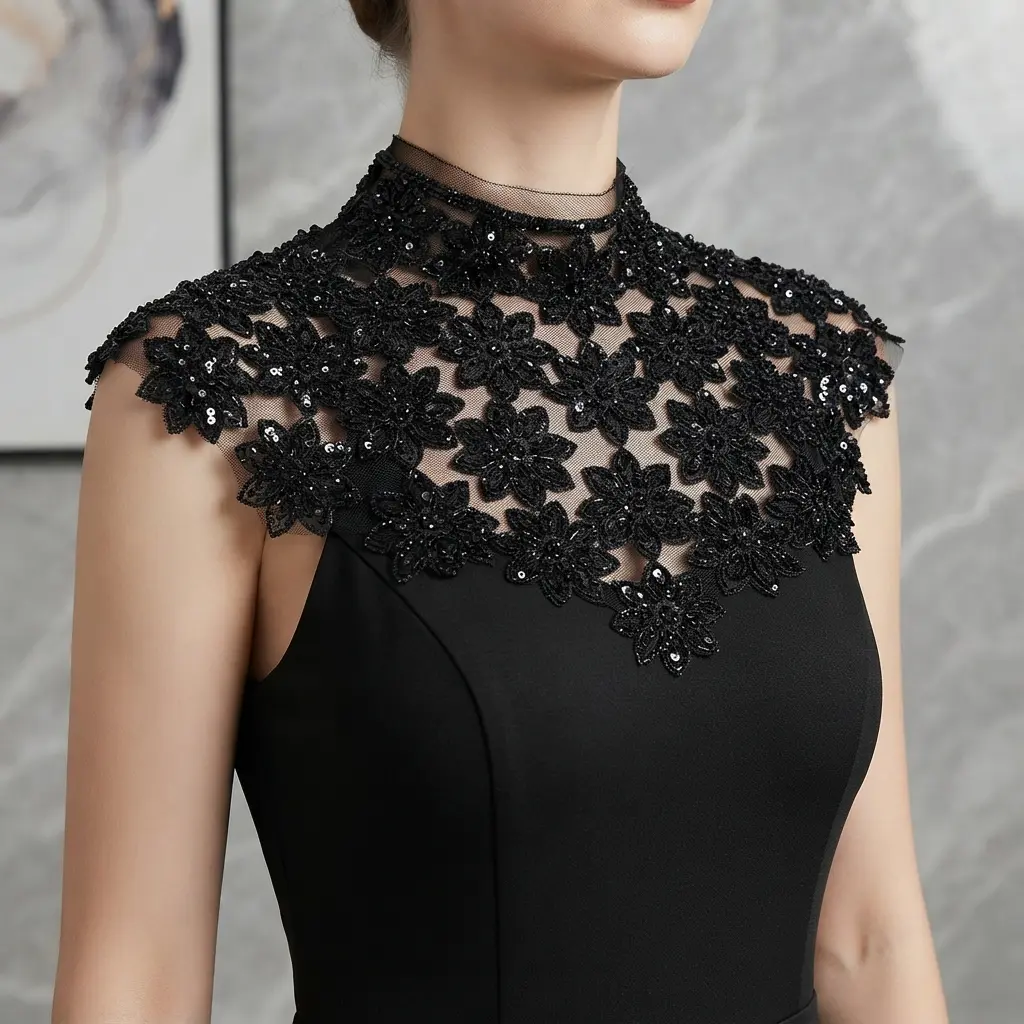 Handmade Black Rhinestone Bead Mesh Fabric Floral Shawl Collar Appliqué Patch (44cm/17.32in) - Light Luxury Embellishment for Evening Formal Wear Party Supplies