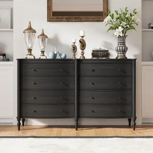 Homsee 8 Drawer Sideboard Buffet Cabinet, 63-Inch Curved Design Storage Cabinet, Mid Century Storage Organizer Credenza with Rubberwood Legs for Living Room, Black