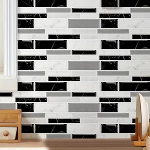 12/24pcs Marble Effect Peel and Stick Tile Stickers, Black White 3D Texture Waterproof Oil-Proof, Fashion Plaid Pattern Rectangular PVC Wall Tiles, Easy Application for Indoor Kitchen Bathroom Decor Home Decor