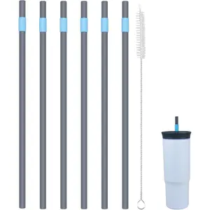 Replacement Straws Compatible with  24oz Tumbler, with 1 Brush,Pack of 6 (blue-grey)