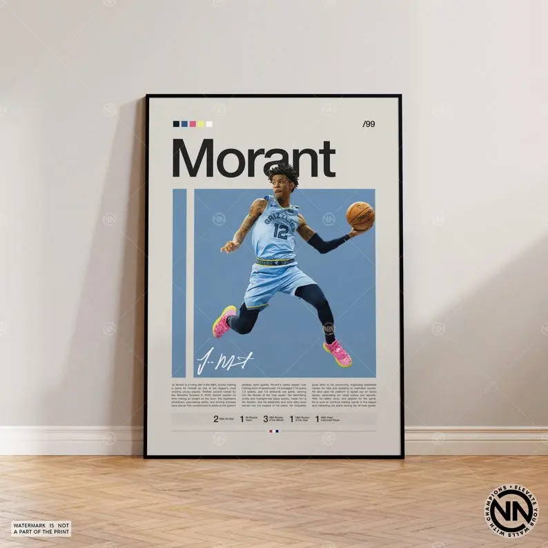 Ja Morant Poster, Memphis Grizzlies Poster, NBA Poster, Sports Poster, Mid Century Modern, NBA Fans, Basketball Gift, Sports Bedroom Posters