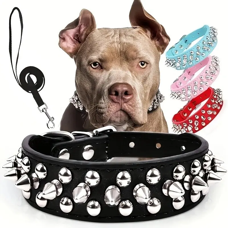 Spiked Dog Collar And Leash Set Rivet Leather Adjustable Collar For Outdoor Walking Secure And Stylish Pet Accessory Anti-bite Durable Free Leash Punk Style,pet collar