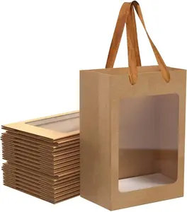 6 Pcs Brown Paper Gift Bags with Transparent Window, 9.84"x7.0"x5.12" Kraft Shopping Bags with Handles for Bouquet Christmas Birthdays Festivals Party Weddings Wrapping