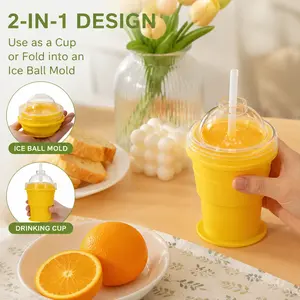 1 piece, foldable silicone ice ball straw cup, food grade, leakproof, portable for travel, camping, car, and everyday cold beverage use
