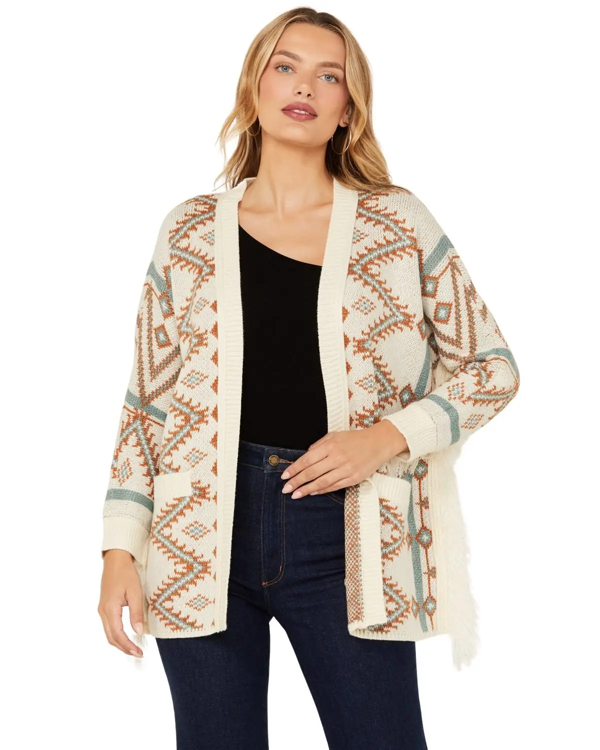 Shyanne Women's Women'S Southwestern Print Open Front Fringe Cardigan - Swfa21sw7-Crm
