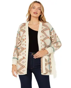 Shyanne Women's Southwestern Print Open Front Fringe Cardigan - Swfa21sw7-Crm