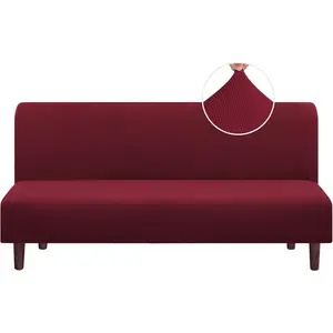 Stretch Futon Cover,Armless Futon Slipcover Full  Size Futon Couch Cover, Sofa Cover Bed Cover Furniture Protector with Elastic Bottom, Checked  Jacquard, Burgundy
