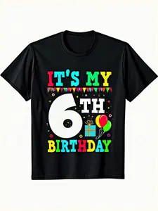 Boys & Girls 6th Birthday T-Shirt - 6th Birthday Number 6 with Balloons & Party Hats Design, Colorful "It's My 6th Birthday" Text, Short Sleeve Round Neck Cotton Shirt for, All-Season Wear (Black with Multicolor Party Theme)