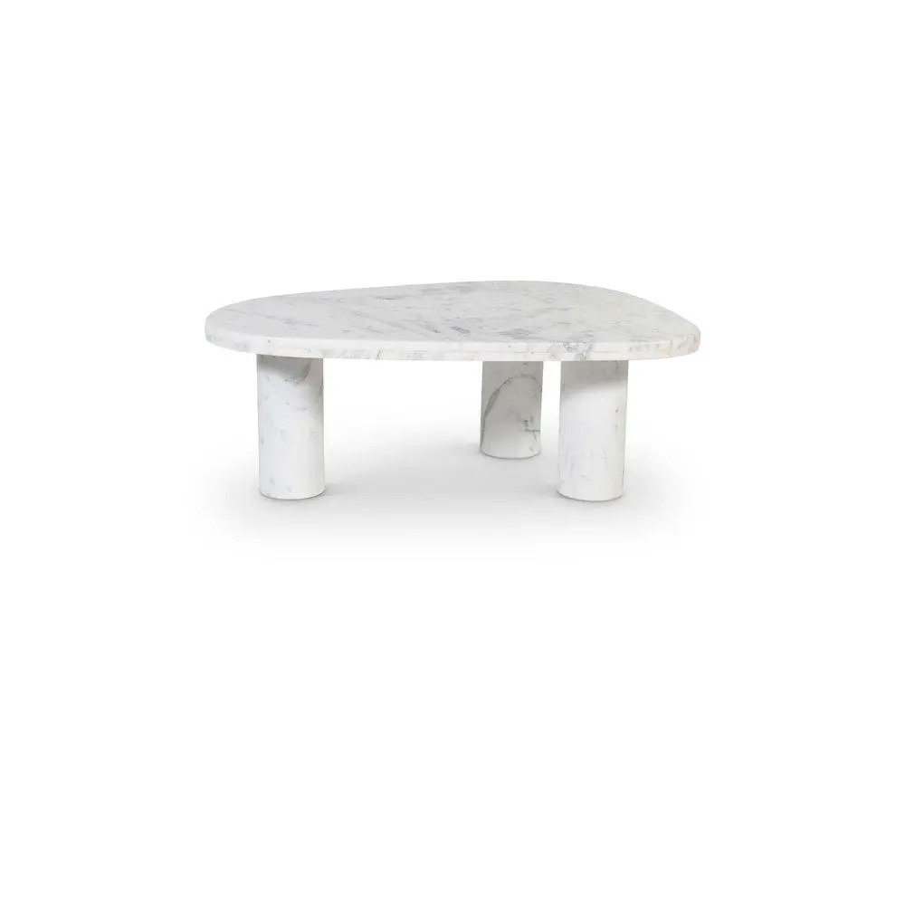 Messina Handcrafted White-Light Grey Marble Stone Indoor Coffee Table, Geometric Shape with Grey Veins, Columnar Triple Base & Unique Form Furniture Piece, Geometrically Inspired