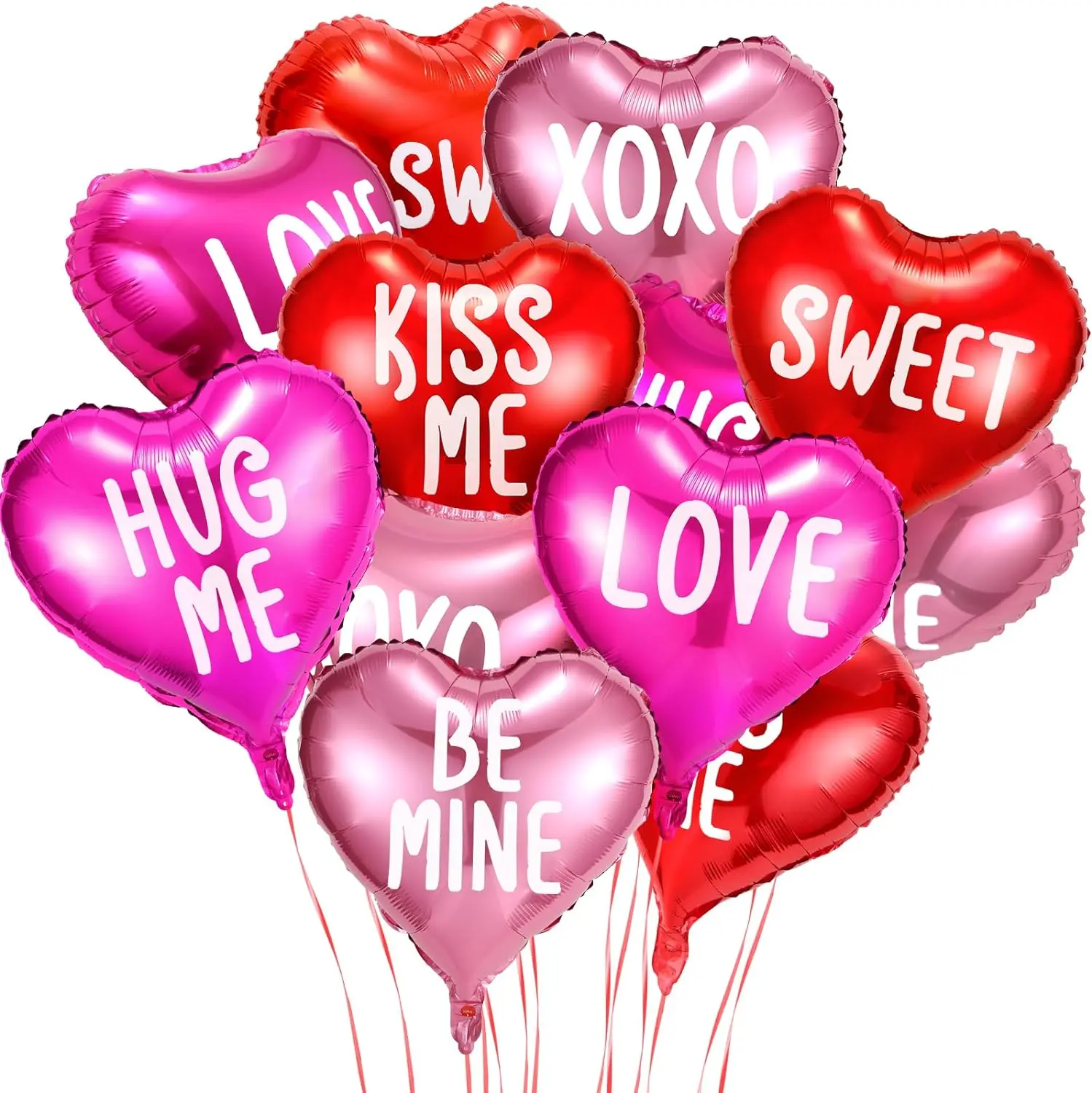 12 Pcs Valentine's Day Candy Heart Balloons 18 Inch Foil Balloons Heart Shaped Balloons XOXO Love Sweet Be Mine Heart Balloons Valentine's Day Wedding (Red, Rose Red, Pink)