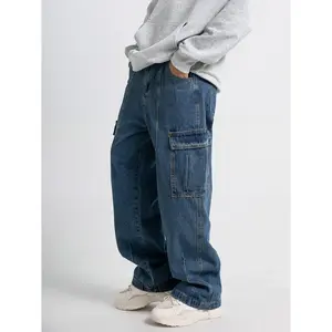 Men's Casual Jeans With Multiple Pockets, Straight Tube, Loose Fit, Slimming And Wide Leg Workwear Jeans, Street Hop, Street Dance, Skateboarding, Denim Pants