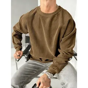 Men's Corduroy Crew Neck Sweatshirt, Thick Warm Solid Color, Casual Loose Fit, Multi-Functional Travel Style, Polyester Fabric, Long Sleeve