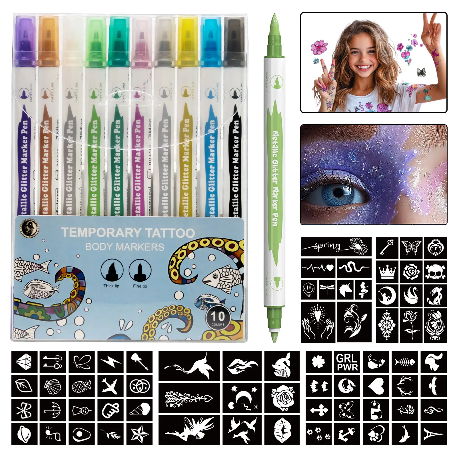 WORMHOLE Body Art Marker Kit 10 PCS, Dual Tip Tattoo Pens, Washable Temporary Paint for Face & Body, Fine + Brush Tips, Party Favor & Festival Activity Set summeressentials DealsforYouDays SummerWins