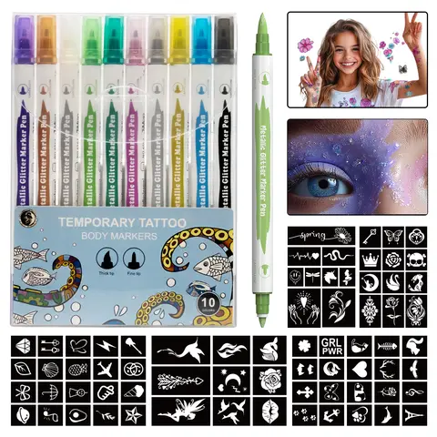 WORMHOLE Body Art Marker Kit 10 PCS, Dual Tip Tattoo Pens, Washable Temporary Paint for Face & Body, Fine + Brush Tips, Party Favor & Festival Activity Set summeressentials DealsforYouDays SummerWins