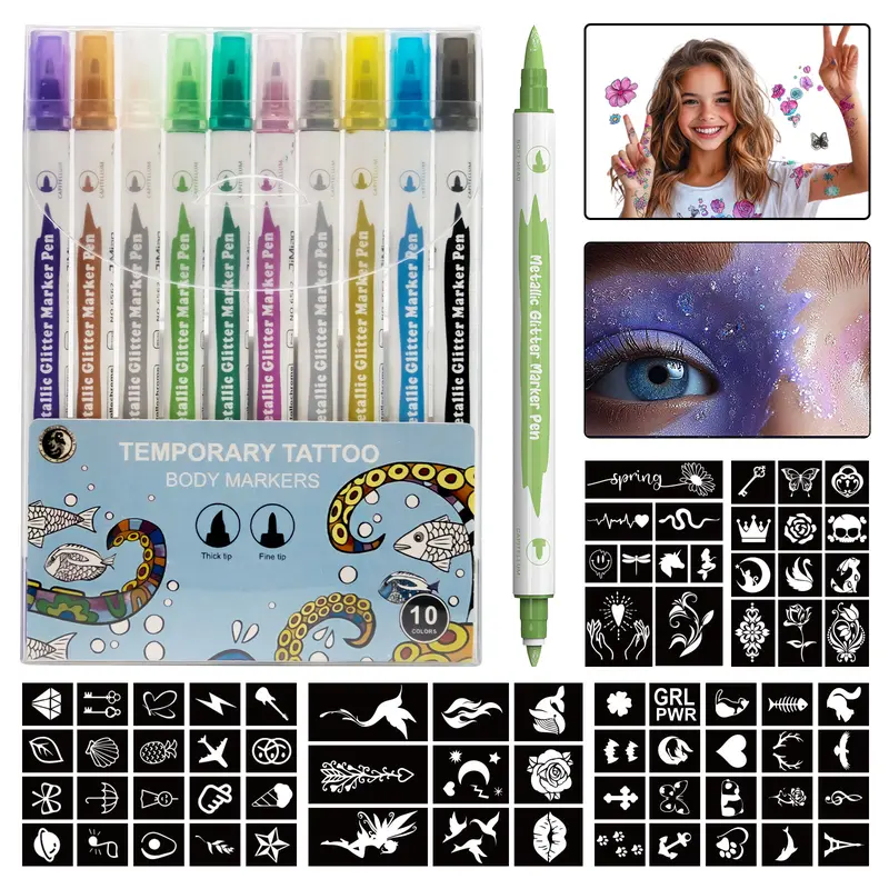 WORMHOLE Body Art Marker Kit 10 PCS, Dual Tip Tattoo Pens, Washable Temporary Paint for Face & Body, Fine + Brush Tips, Party Favor & Festival Activity Set summeressentials DealsforYouDays SummerWins